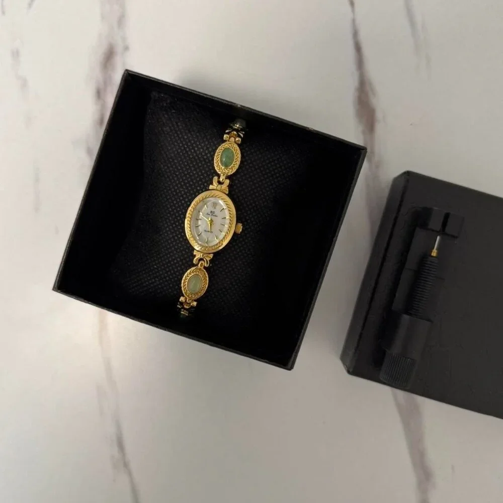 SKU:0018 Gold white mini‎ Watch with green natural stones + in a gift box